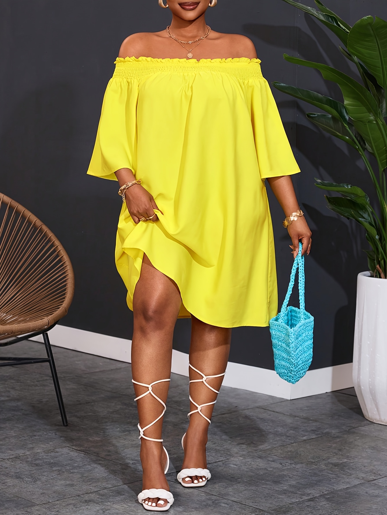 Women's Plus Size Off-the-Shoulder Dress Flared Hem Party Everyday  Outfit, Yellow Formal or Casual Evening Gown with Asymmetrical