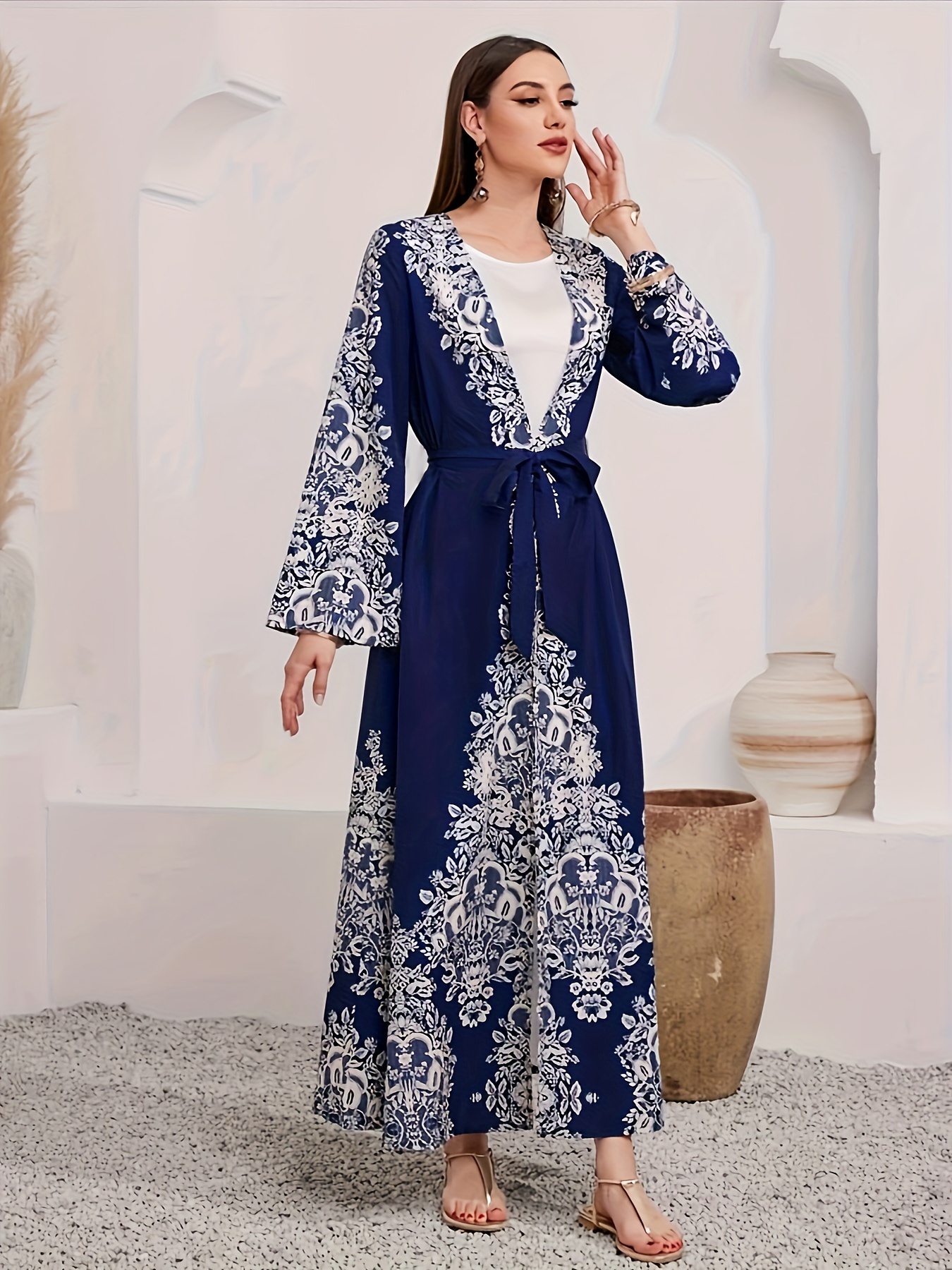 elegant womens middle eastern abaya dress navy blue white Temu