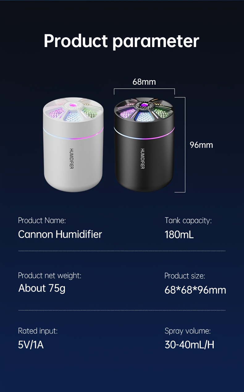Set de 2 mini umidificatoare de aer de 180ML, cu lumini de noapte colorate și difuzoare de uleiuri esențiale, perfecte pentru casă, dormitor și utilizare în mașină, funcționează silențios