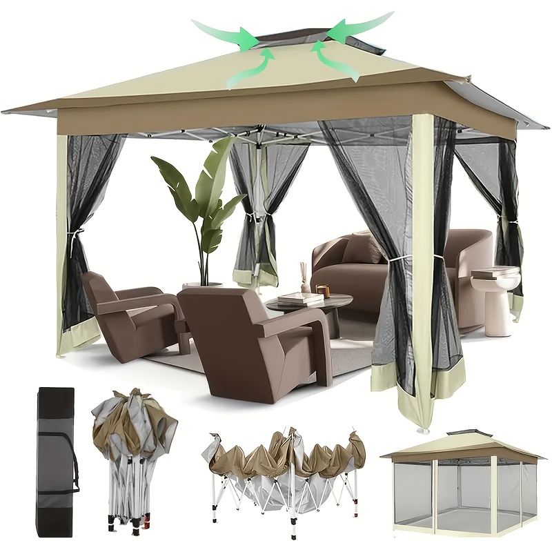 3.6*3.6m Zunanji Paviljon Pop Up Paviljon s Mrežo proti Komarjem, Terasa Paviljon s 2-nivojskim Zračenim Vrhom, 3 Nastavljive Višine in 144