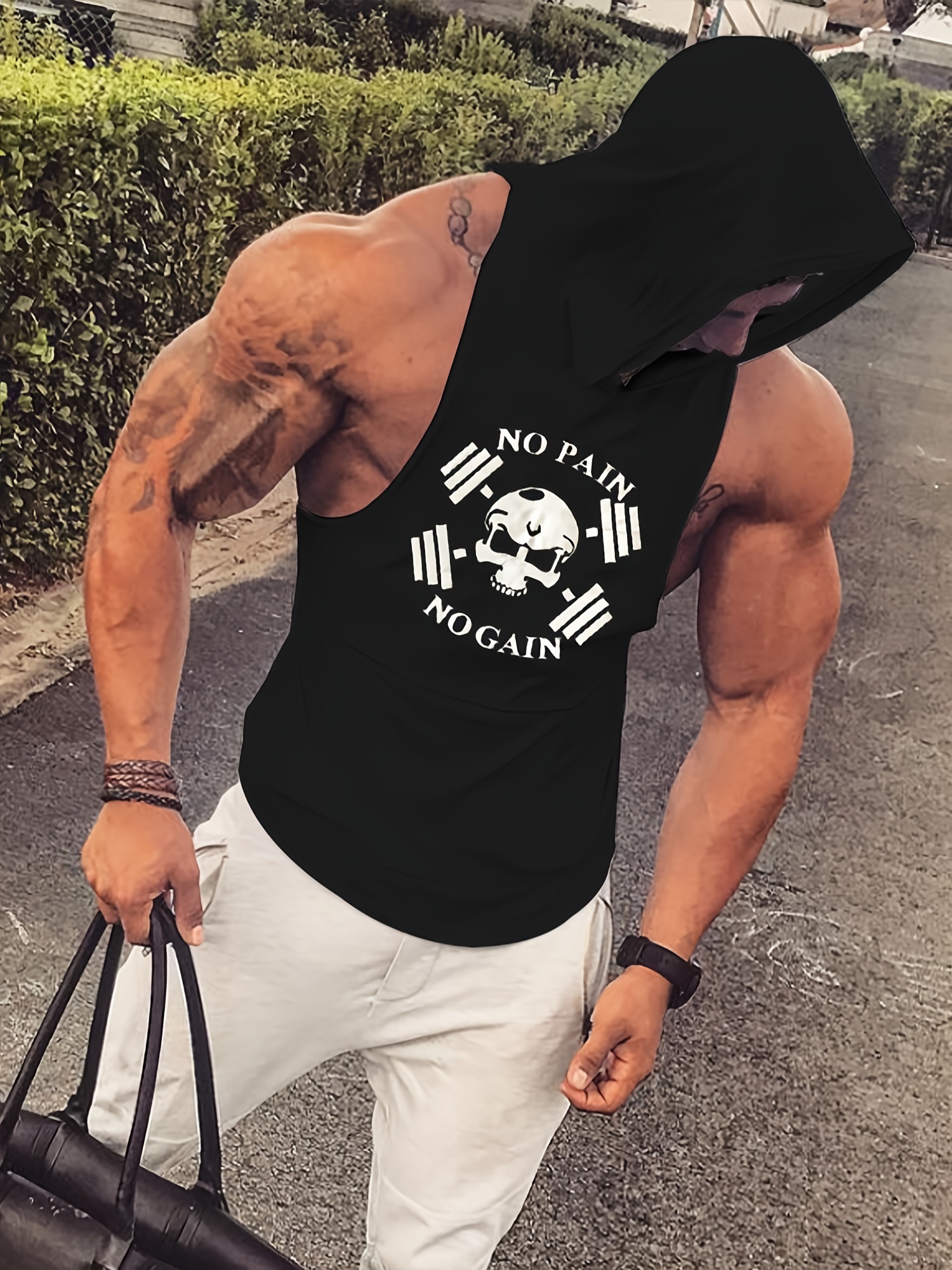3pcs *'s Sleeveless Hooded Workout Tank Tops Skull Bodybuilding Workout  Shirts