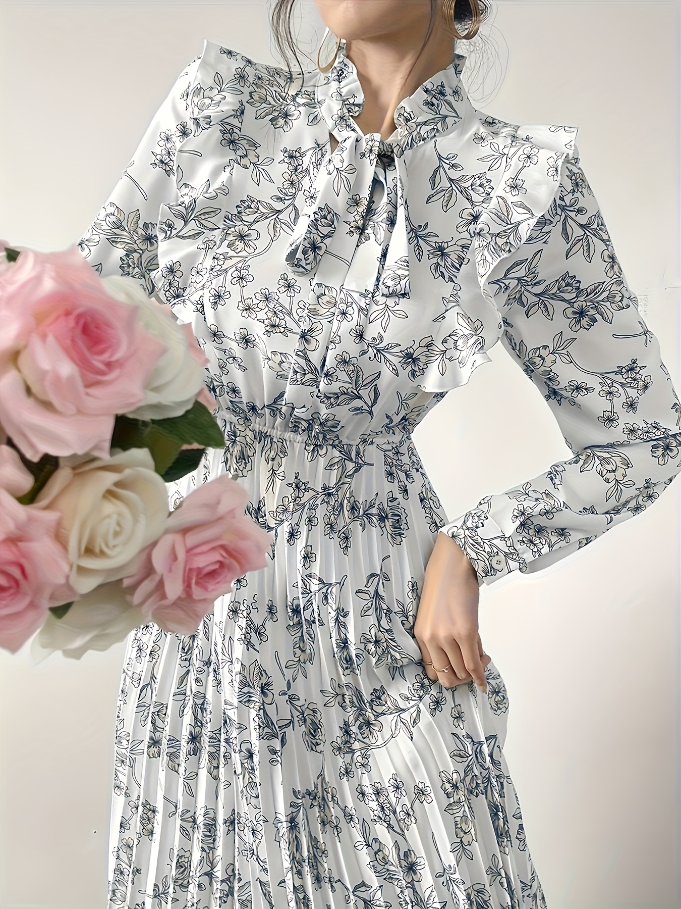Floral Print Ruffle Neck Pleated Maxi Dress in soft polyester blend