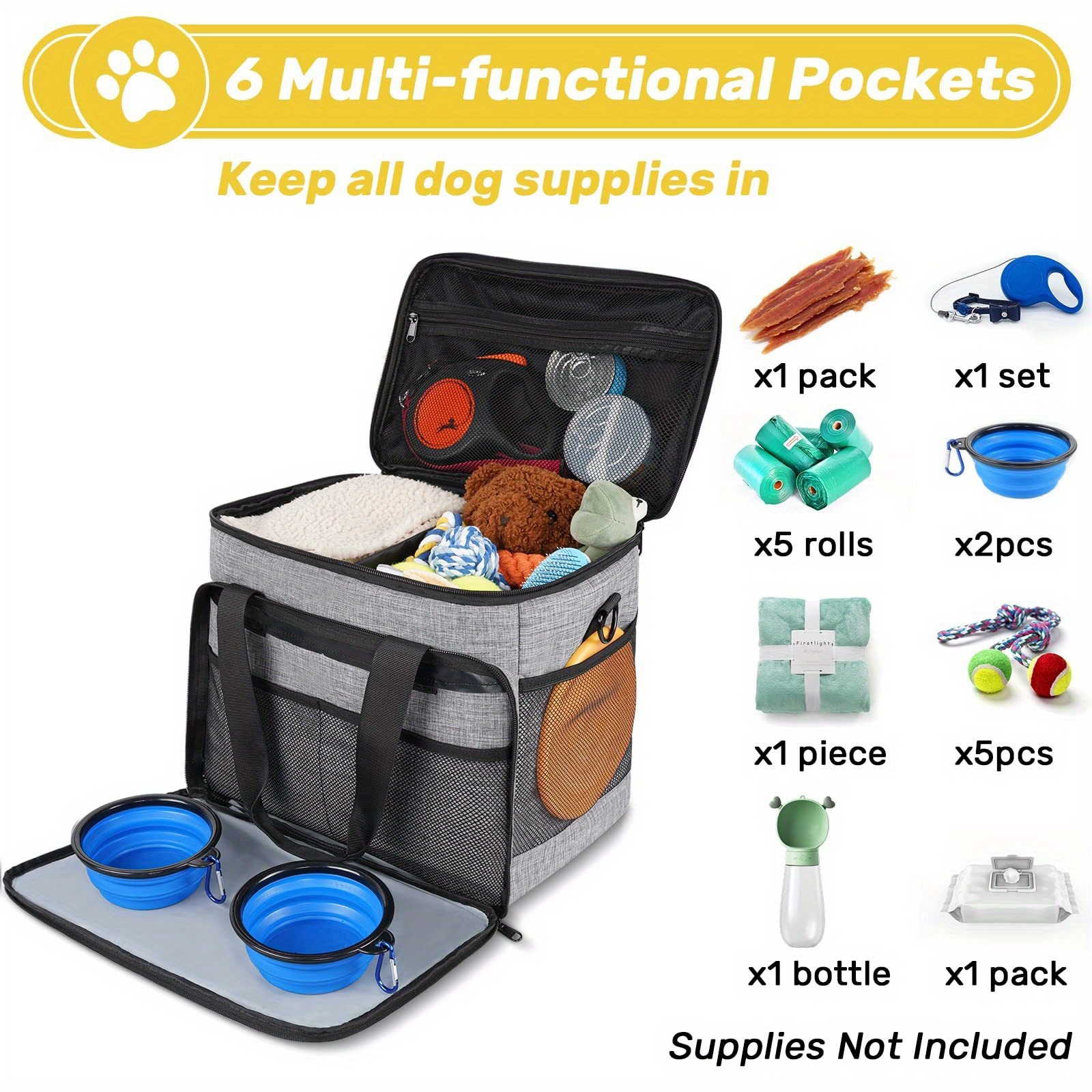 6 Set Dog Travel Bag, Large Pet Supplies for Dogs, Includes 2 Collapsible Dog Bowls, 2 Food Containers, 1 Treat Pouch with Pet Travel Bag, Black