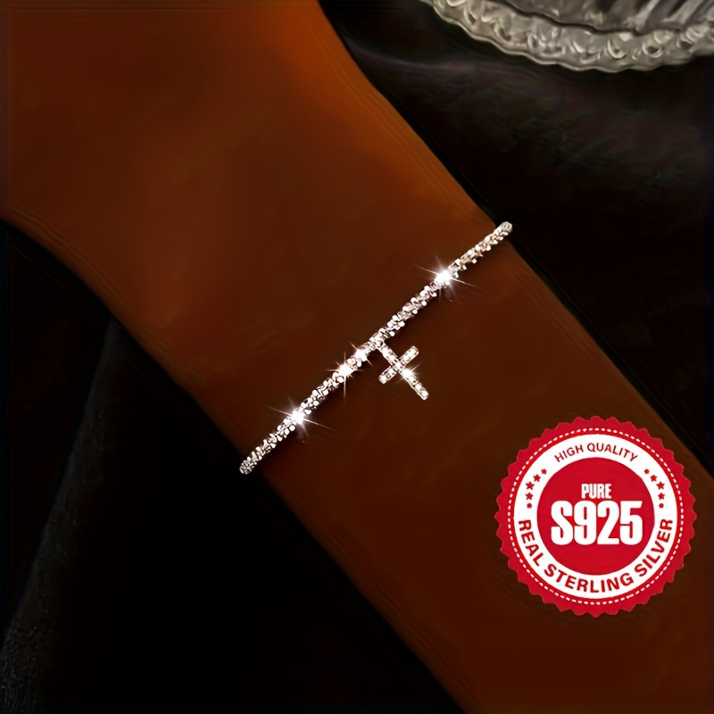 

Bracelet en argent sterling 925 avec croix étincelante pavée de zircone brillante assortie aux tenues quotidiennes, accessoires de fête, bijoux hypoallergéniques, cadeaux pour femmes