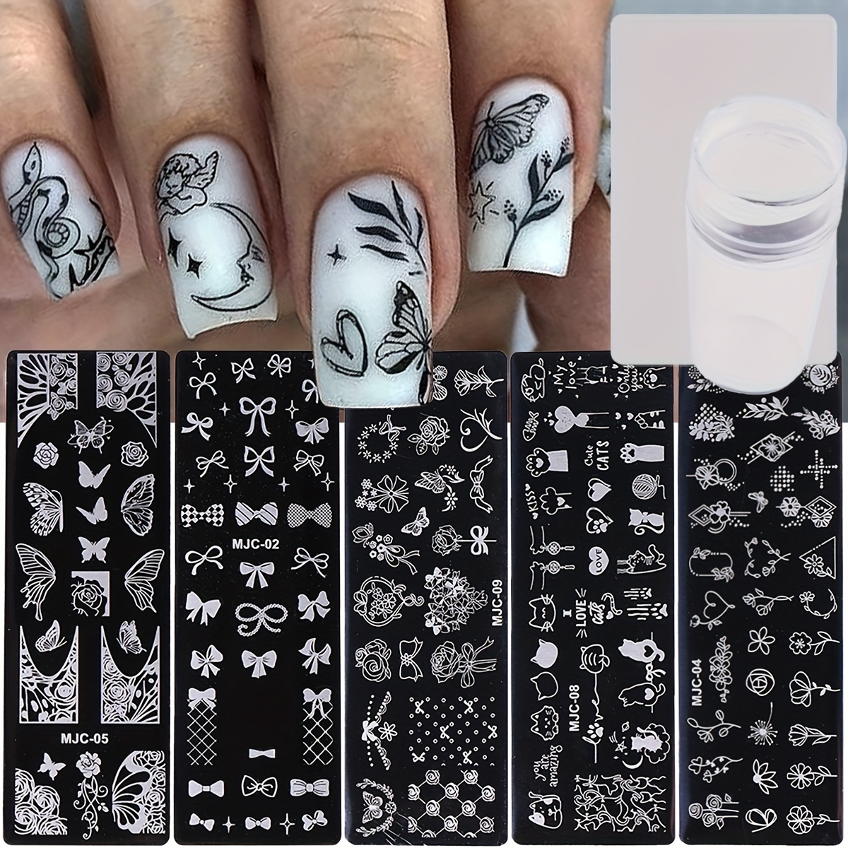 

5-piece Nail Art Stamping Plates Set With Rectangular Clear Silicone Stamper And Scraper - Unscented, Variety Of Patterns For Creative Diy Manicure Designs