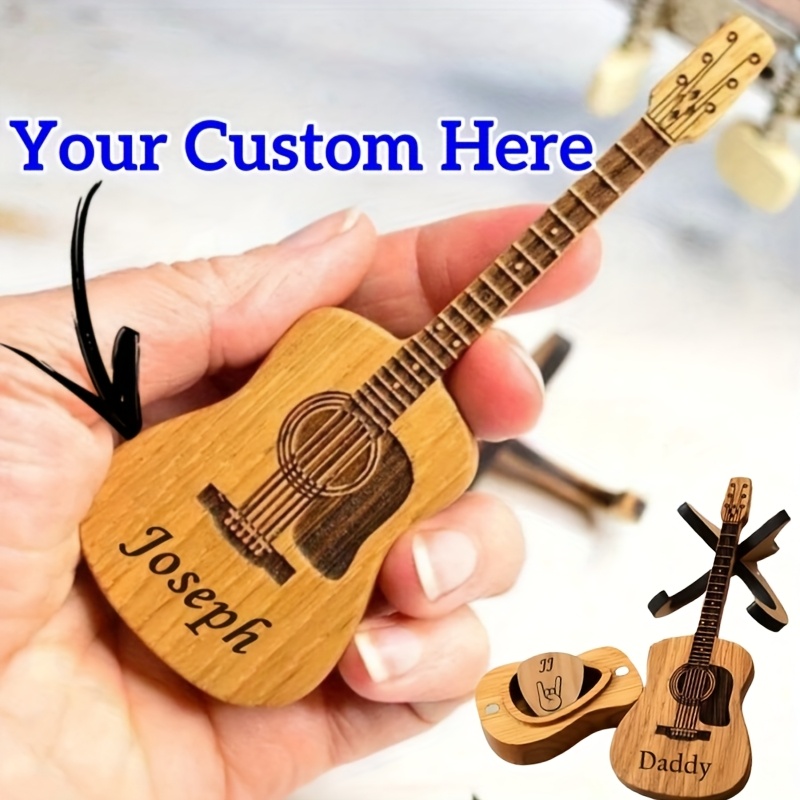 E-shop Personalisierte Gitarrenplektrum-Geschenkbox für Gitarrenliebhaber, personalisierte Holzplektren in Mini-Etui mit gitarrenförmigem Design &