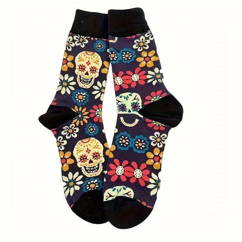 

Skull & Floral Print Socks, Unisex Trendy & Breathable Mid Tube Socks, Women's Stockings & Hosiery