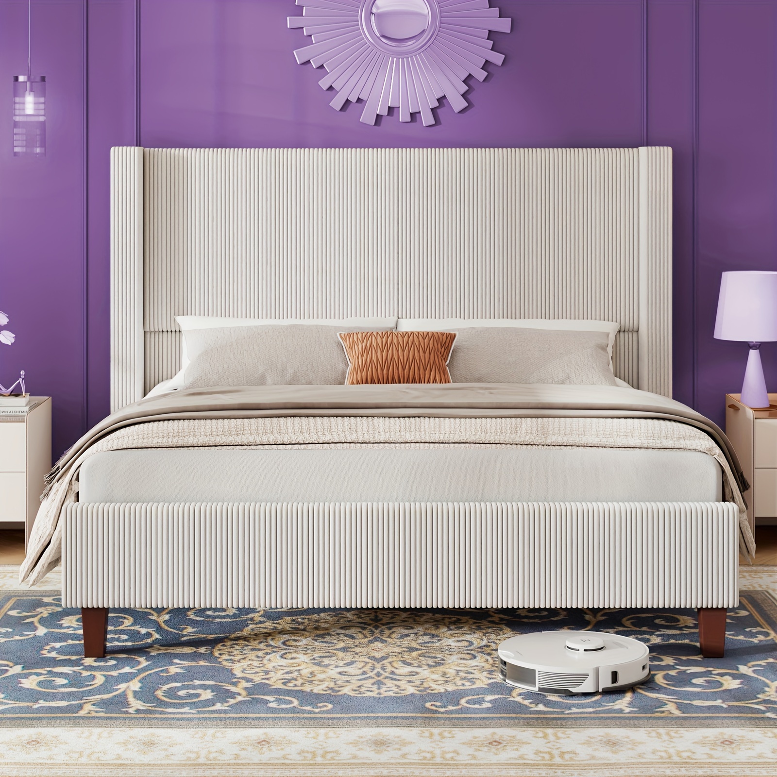 

50.8" Upholstered Platform Bed Frame, Corduroy Bed Frame With Wingback Headboard With Solid Wood Legs, No Box Spring Needed