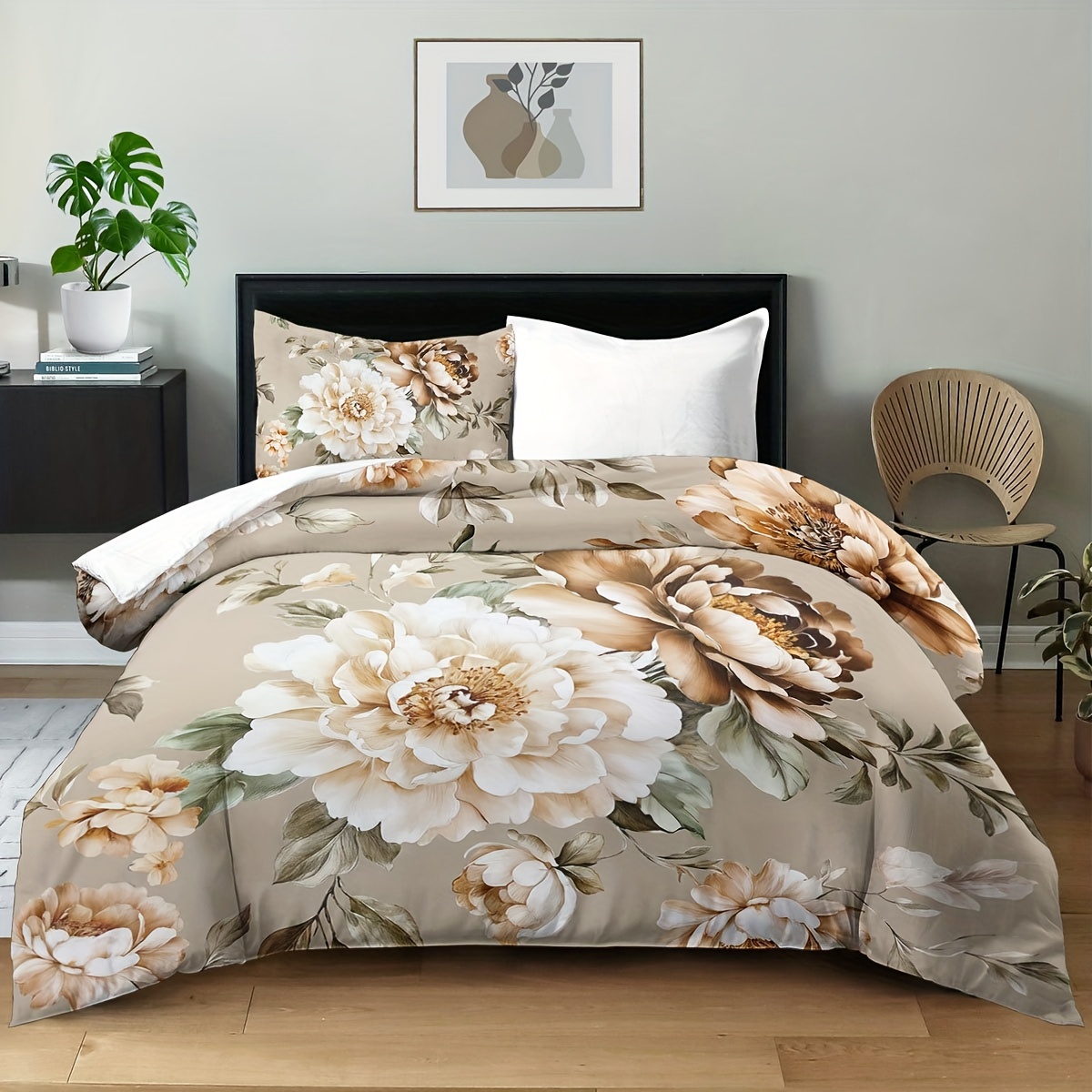 E-shop 2/3-teiliges, weiches und bequemes Bettwäsche-Set mit Blumenmuster, elegantes, botanisches, glattes Mikrofaser-Bettwäsche-Set mit Blumenmuster