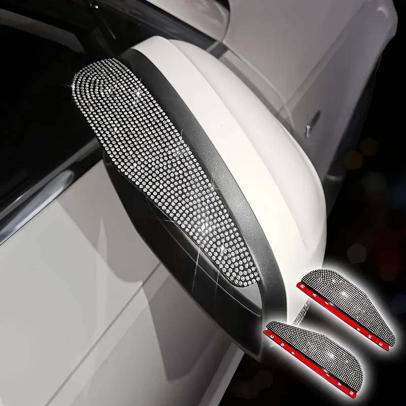 TEMU 2pcs Set Of Shiny Car Rearview Mirror Rain Deflectors - Reflective Rhinestone Design, Durable Plastic For Left Side, Enhancing Visibility And