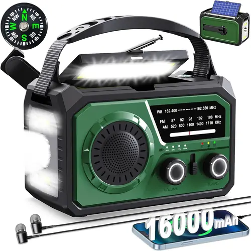 16000mah hand crank emergency weather radio with wireless speaker ipx 4 waterproof 59200mwh am fm solar radio with flashlight cell phone charger reading lamp compass sos for camping and survival