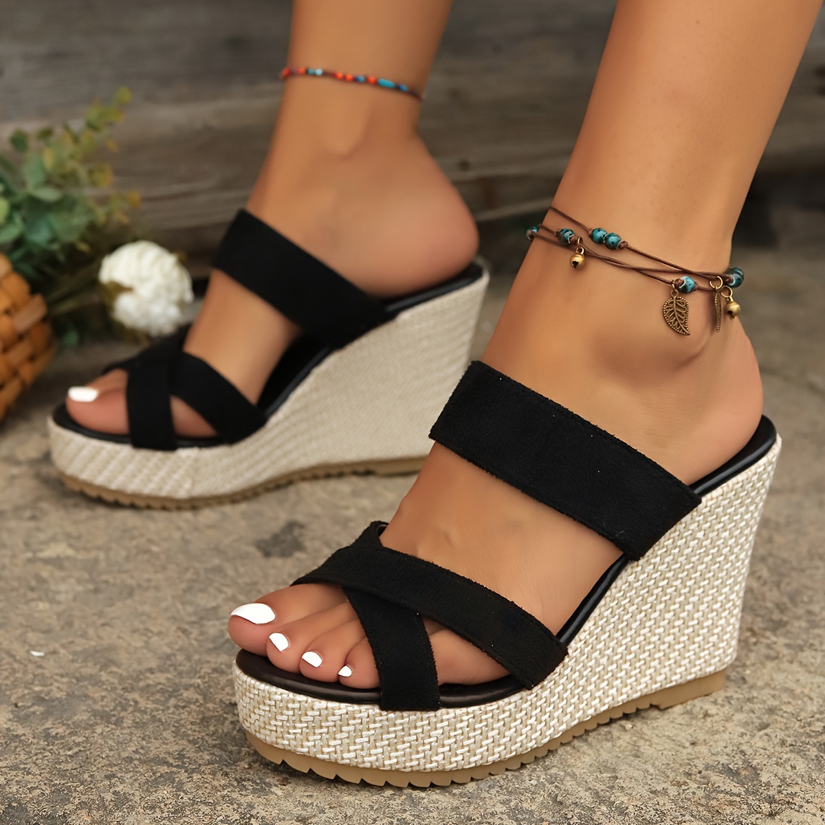 

Women's Solid Color Casual Sandals, Platform Slip On Summer Crisscross Bands Shoes, Summer Wedge Vacation Shoes