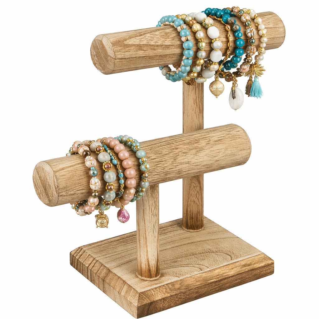 Image of 2 Tier Wooden Jewelry Bracelet Watch Display Tower, Bangle Scrunchie Necklace Holder Storage Stand, Jewelry Towers