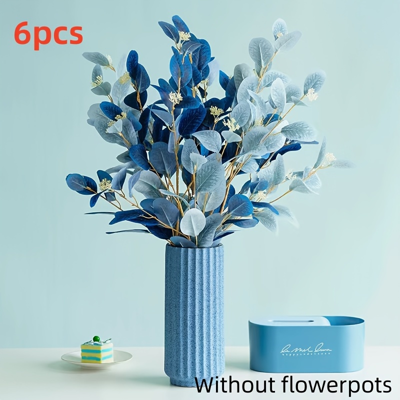 6pcs Blue Artificial Eucalyptus Leaves Bouquet With Berry Eucalyptus Fake Flowers, Faux Floral Arrangements, Wedding Engagement Bouquets, Floral For Wedding Home Party Decor