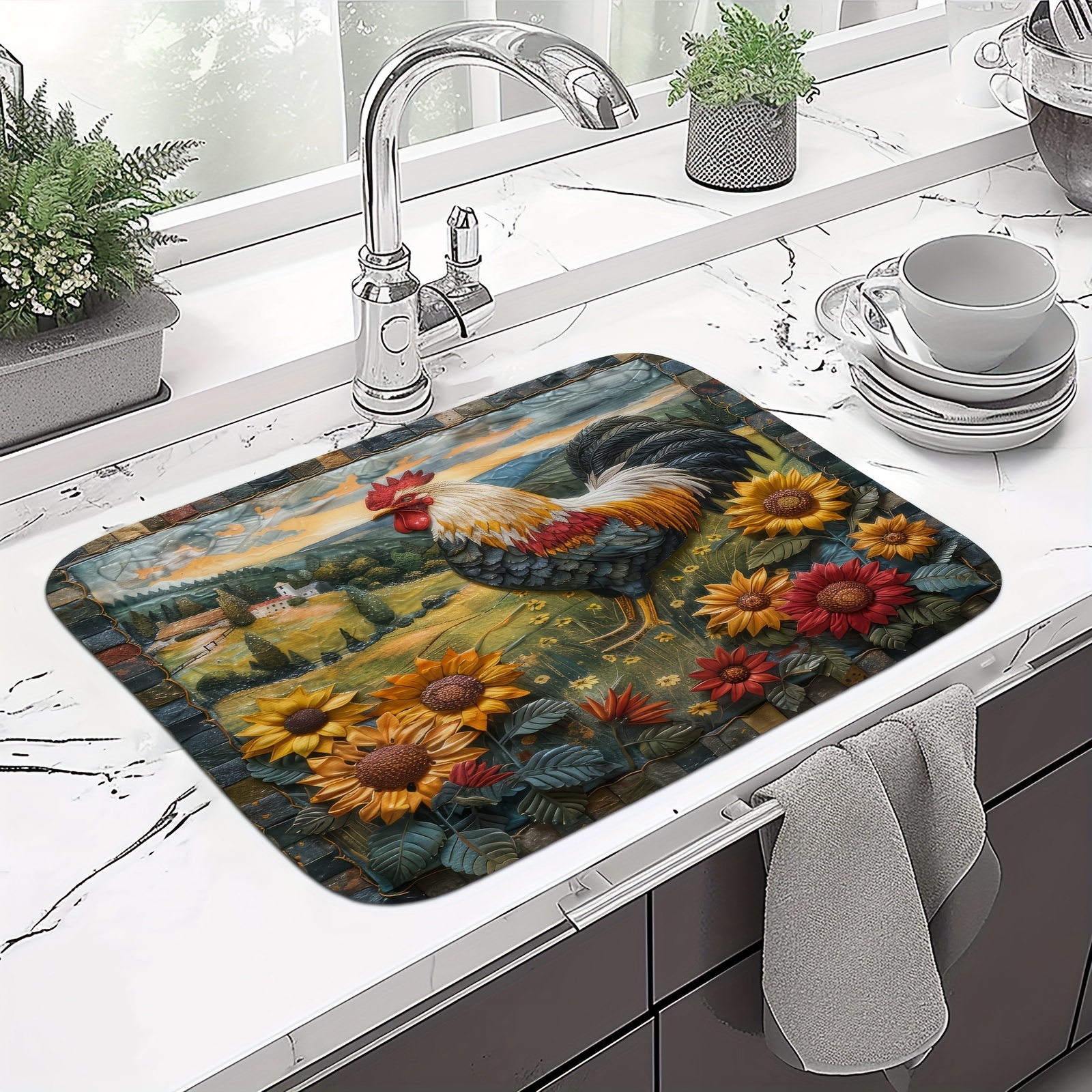 

1pc, Dish Drying Mat, Sunflower Rooster Printed Bowl And Plate Drain Pad, Water Absorbing, Non Slip Placemat For Dish Drying, Coffee Mat, Pet Mat, Tabletop Protection, Tableware Accessories