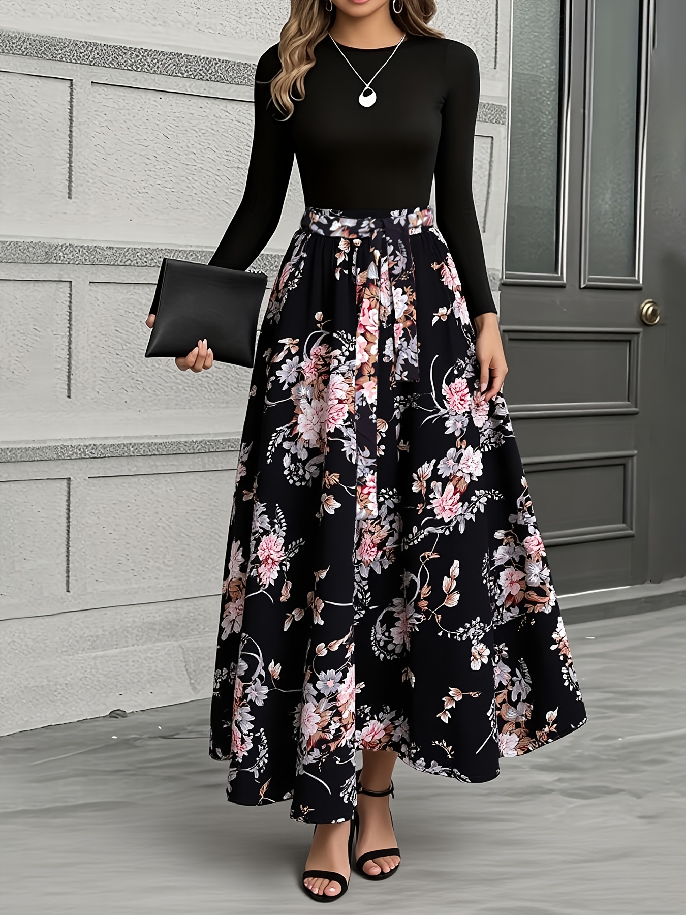 [*] Women'S Spring/Summer New Elegant Style Daily Light Luxury Top Flower  Stitching Long Dress