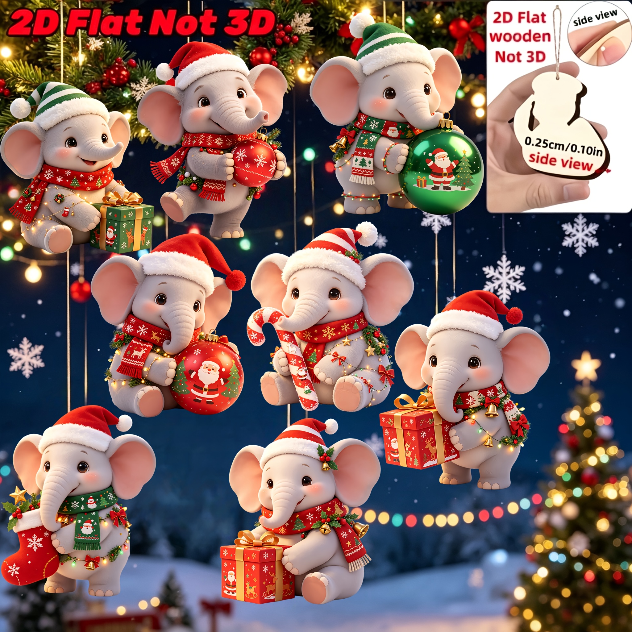 TEMU 2d Flat - 8pcs Set Of Cute Christmas Different Christmas Attire Elephant Wooden Ornaments - 2d Flat, Elephant With Different Christmas Clothes,