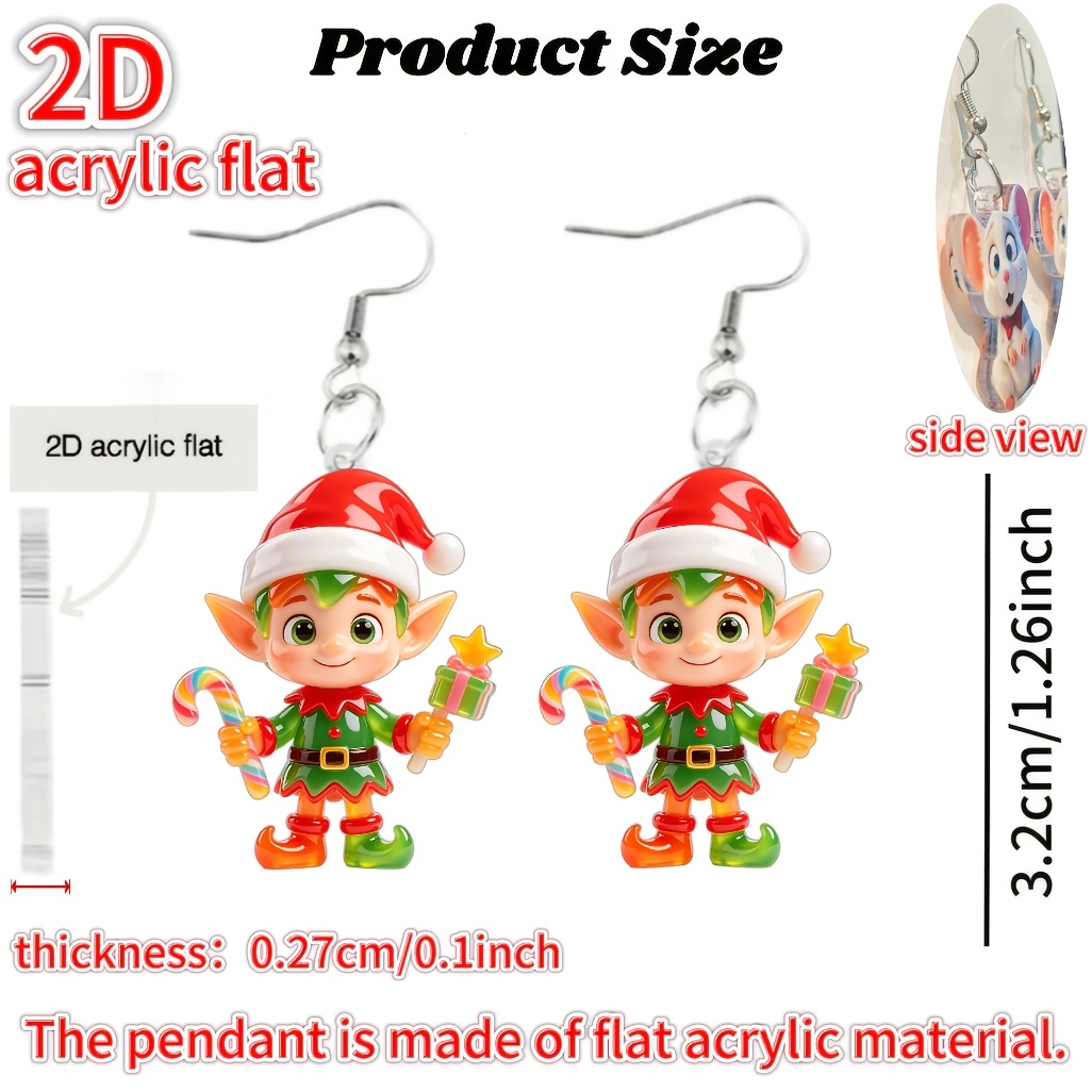 2D Flat Christmas Elf Acrylic Earrings, Cute Girly Style
