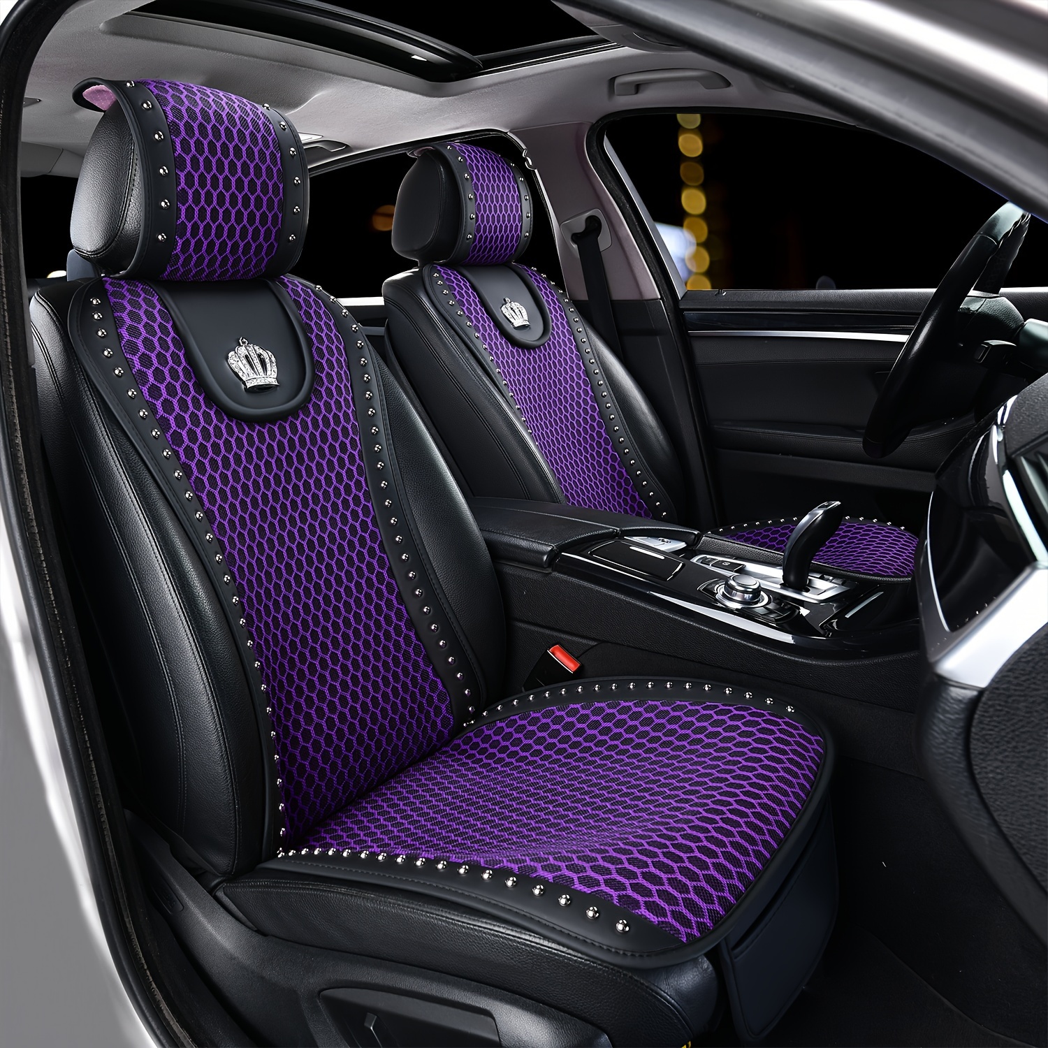 Purple Full Set Car Seat Covers for Front and Rear Seats Sparkling Retro Rivet Queen Crown Decoration Universal Size Car Seat Cover Light Purple Interior