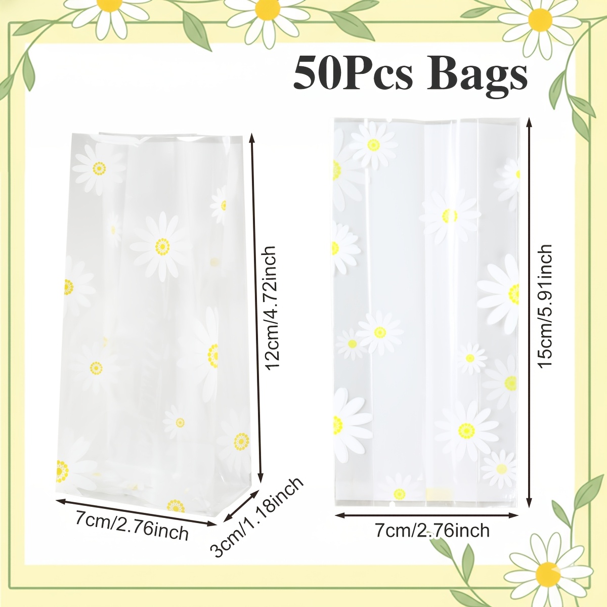 TEMU 50pcs, Sacs d'emballage cadeau à motif de marguerites transparentes, Sacs à friandises floraux pour , Décoration de fête d'anniversaire,