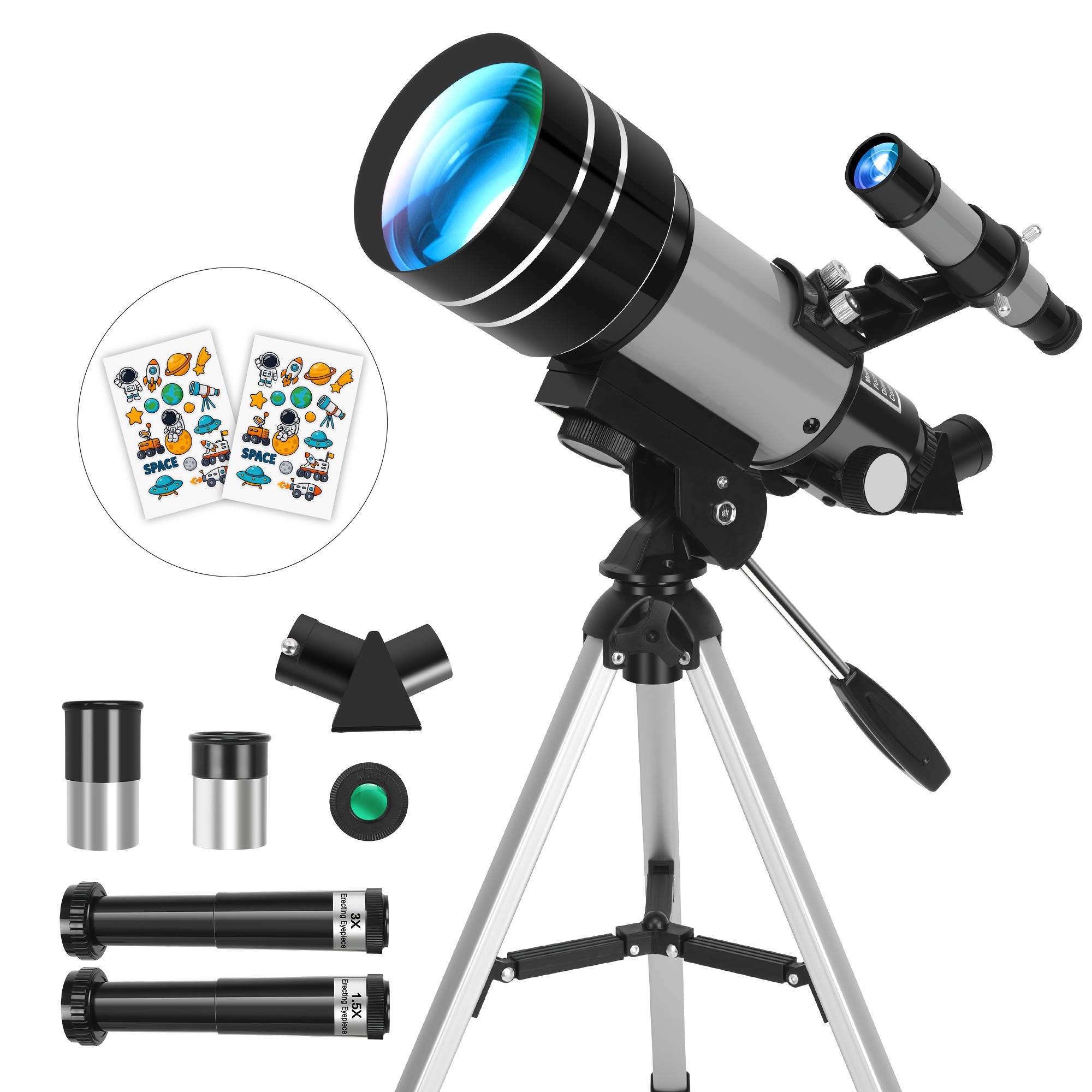 Refrakcijski astronomski teleskop , goriščna razdalja 300 mm, povečava 15-150x, vključuje stojalo, Barlow lečo, okulare in luninih filtrov,