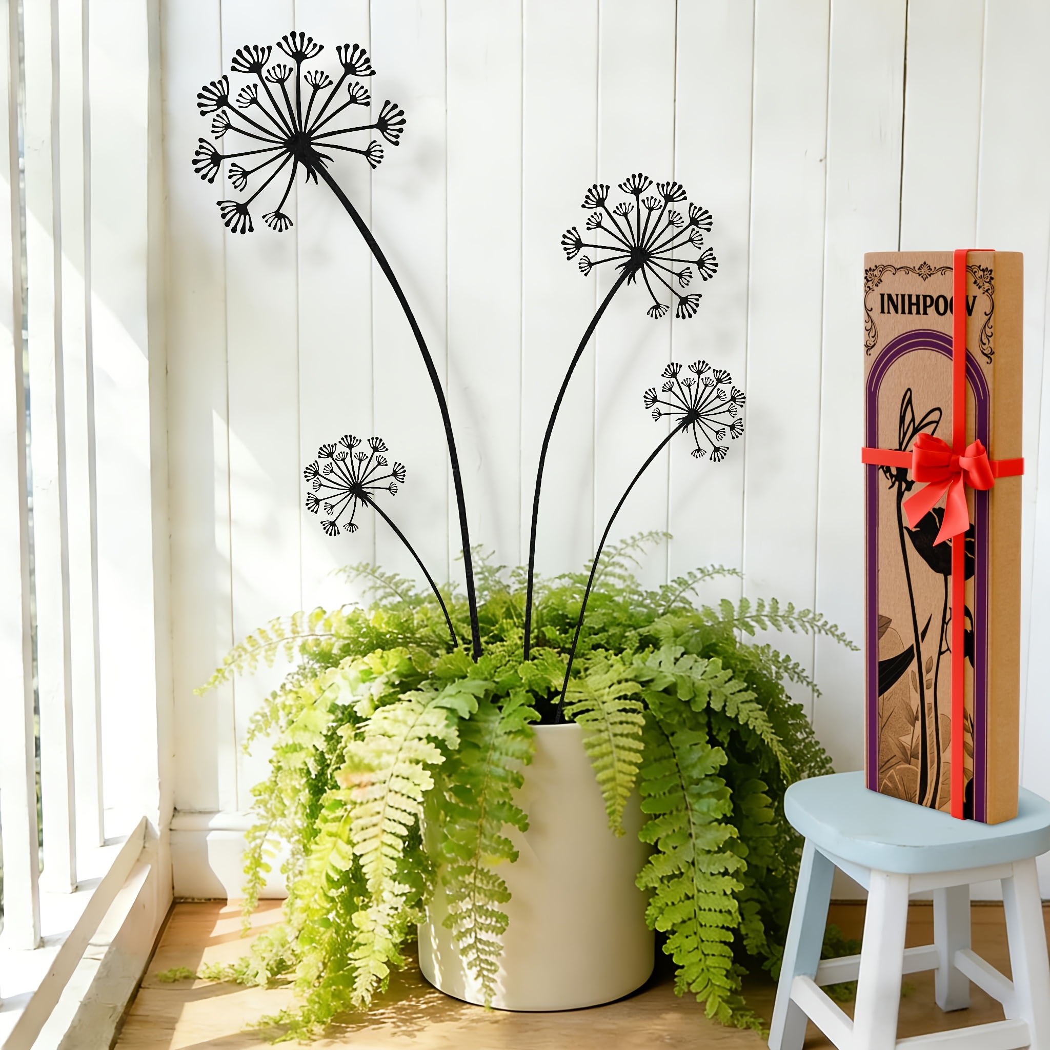 [2d Flat] 4pcs Dandelion Metal Flower Set For Outdoor Use, Black Garden Stakes For Potted Plants, Metal Yard Art, Gift Box For Indoor/outdoor Garden Decor, Holiday Decoration, Holiday Gift
