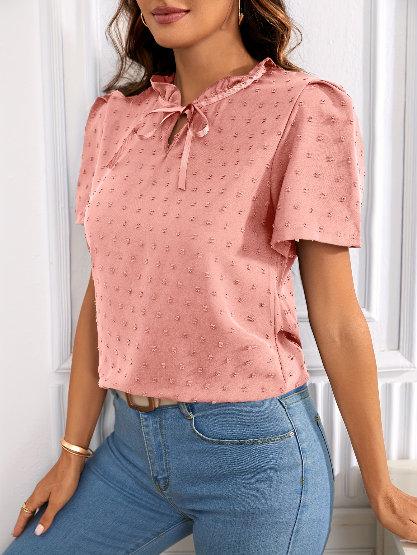 Elegant Deep V-Neck Lace-Up Blouse for Women - Chic Solid Color Shirting Style with Eyelet Detail, Versatile for All Seasons