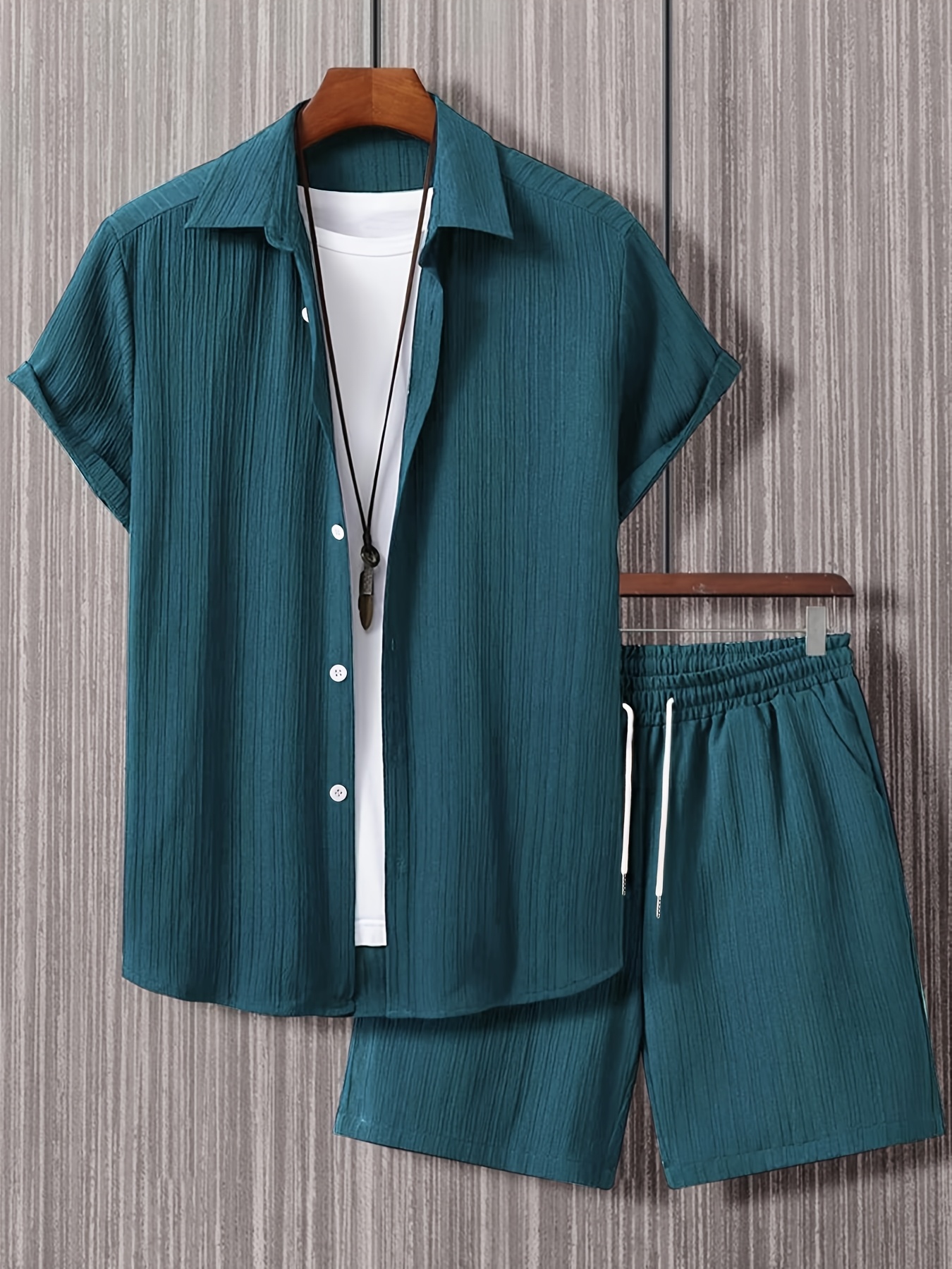 item picture plus size mens solid multi color short sleeve shirt and shorts textured casual set plus size