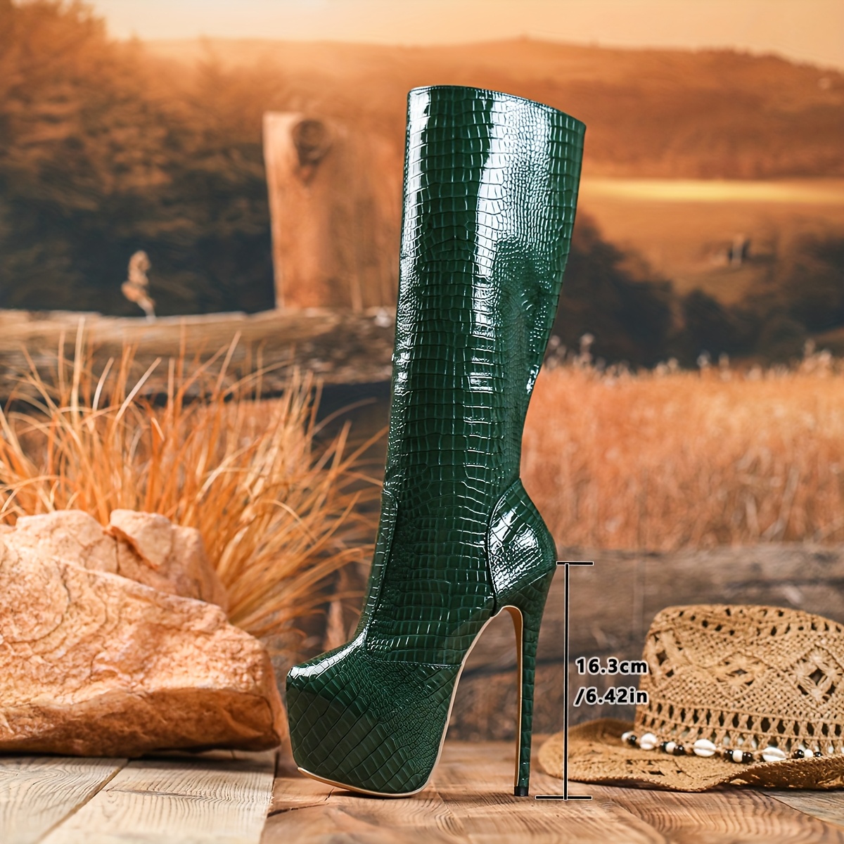 womens emerald green crocodile textured platform stiletto Temu - Main Image