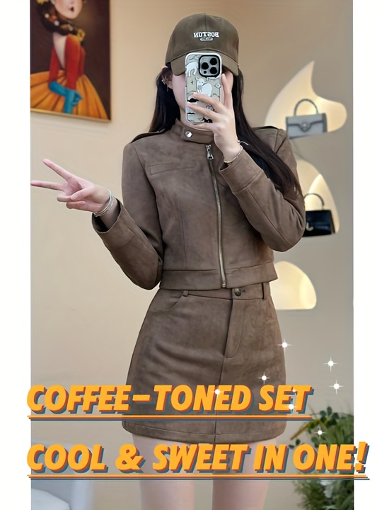 womens motorcycle style sweet cool 2pcs set spring autumn short zip up jacket high waist a line mini skirt   vintage hot streetwear womens fall clothing womens outfit details 0