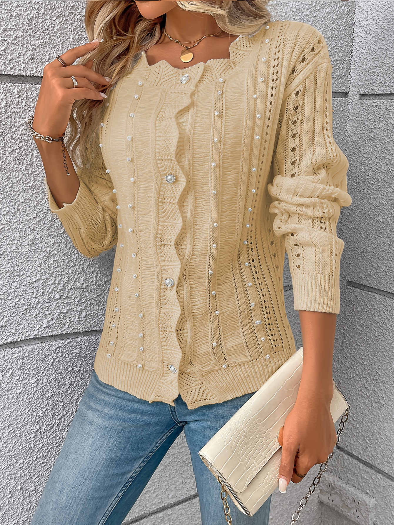 womens beaded lace trim cardigan soft pink long sleeve - Temu