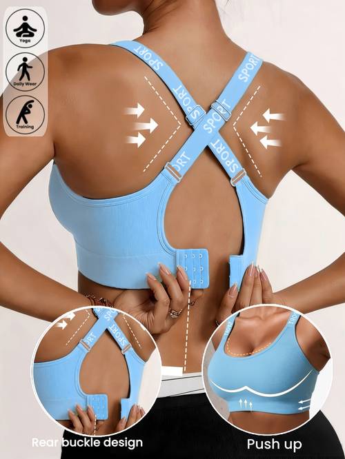 1pc new womens seamless sports bra chic color spliced color block crisscross letter straps adjustable back closure slightly padded push up bra removable padding comfortable and breathable material suitable for daily wear and yoga