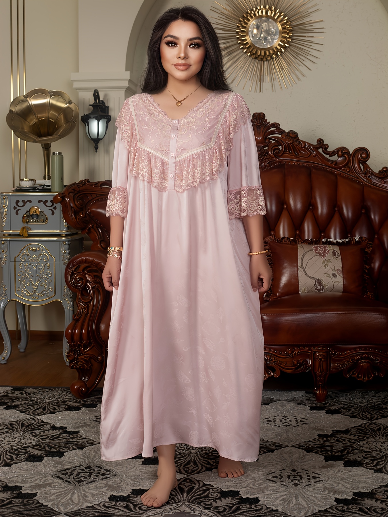plus size womens elegant pink lace nightgown floral pattern Temu