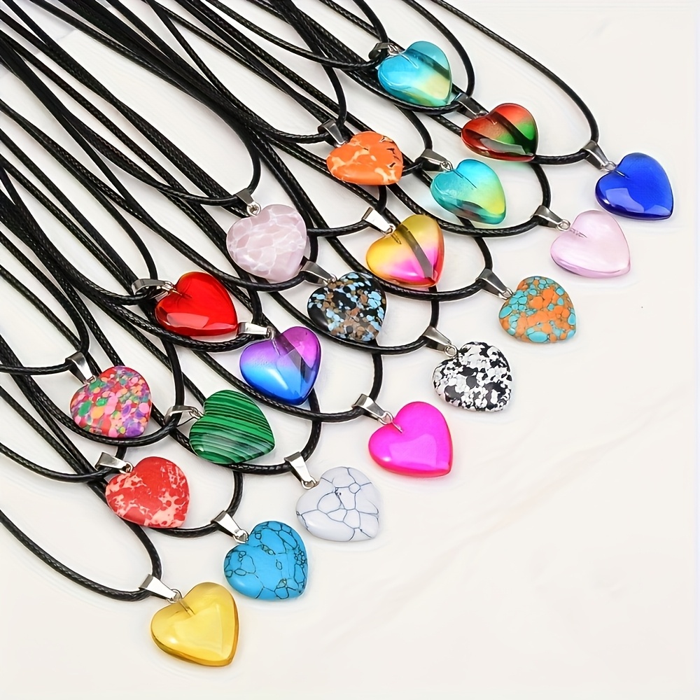11pcs Mixed Natural Stone Heart Pendant Necklaces Set