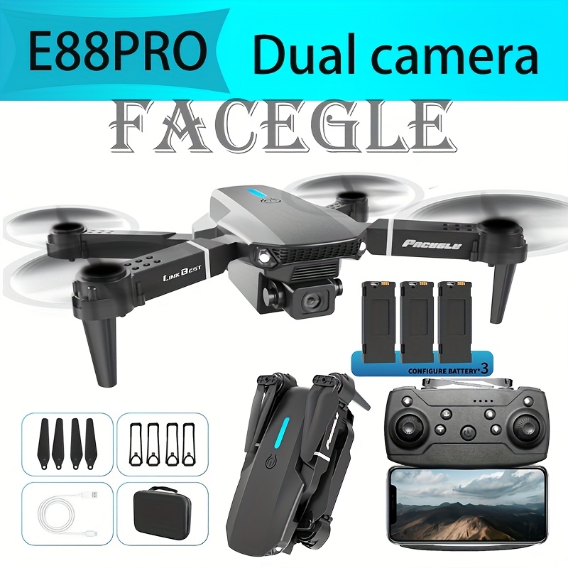 Image of Facegle E88 Pro! Featuring A Foldable Design, Compact And Lightweight, Minimalist Colors: Black And Gray, Along With A Sturdy Build. It Has Dual 480p Cameras And Remote Control Operation