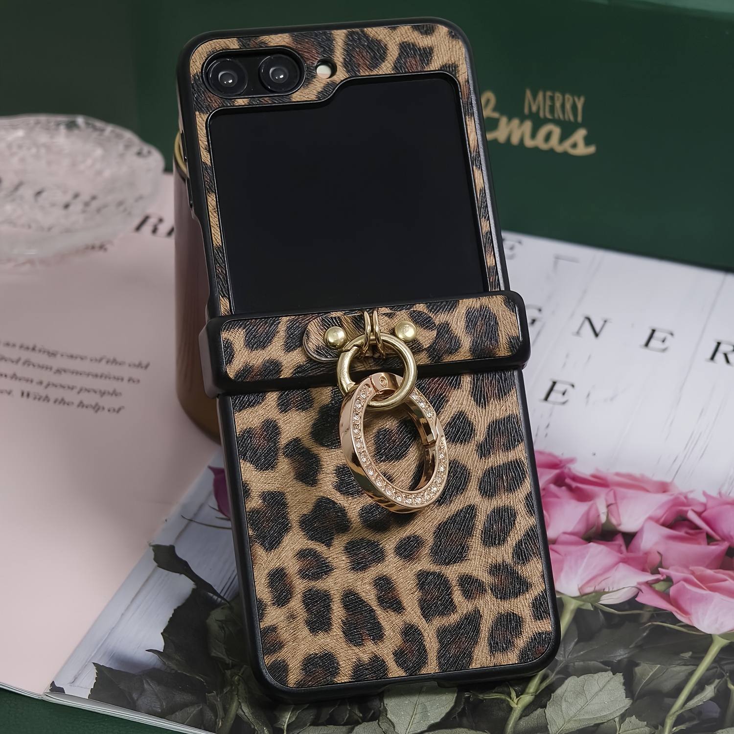 

Retro Leopard Print Faux Leather With Diamond Plated Finger Ring Mobile Phone Protective Case Z Flip 6, Z Flip 5, , 5g Folding Mobile Phone - Protective Cover