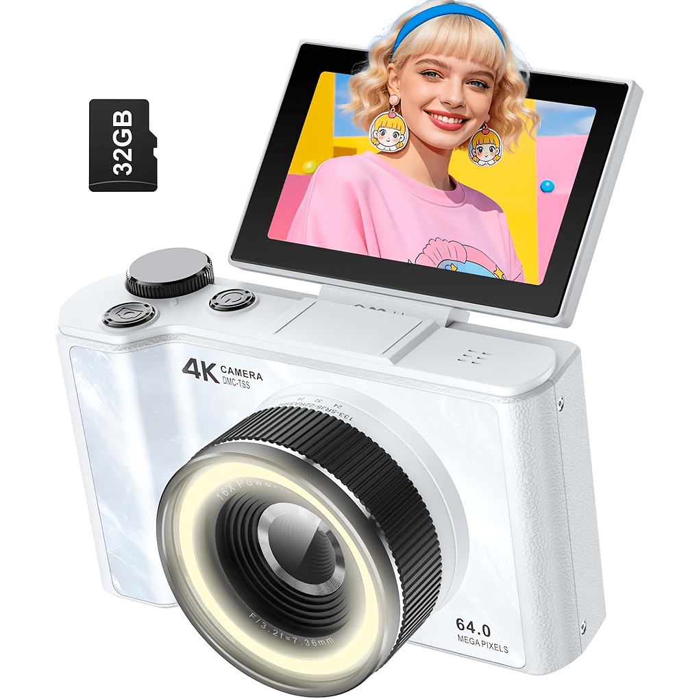 TEMU 4k Compact Professional Digital Camera Featuring 16x Digital Zoom, Ideal For Vlogging, Equipped With A 3-inch 180° Flip Screen, Supports Photo