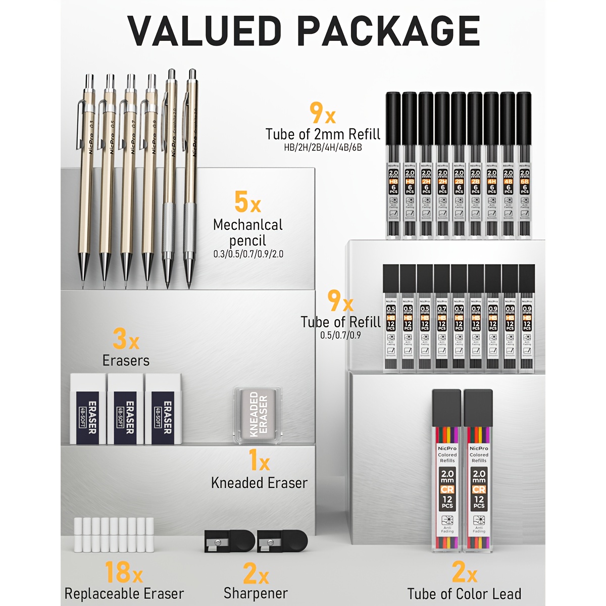 34pcs Art Mechanical Pencil Set for Sketching, Various Lead Sizes