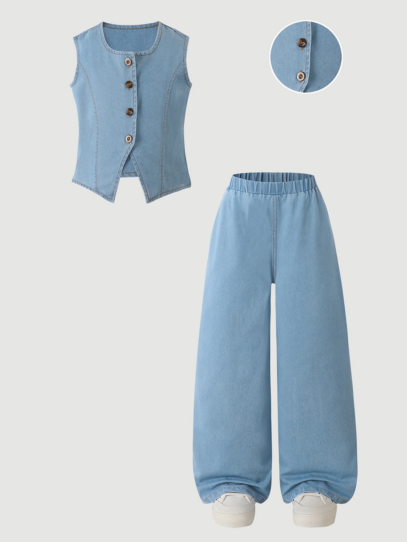 Big Girl Fashion Regular Crew Neck Solid Color Button-Up Sleeveless Hem Irregular Design Denim Top And Loose Solid Color Denim Straight Wide Leg Pants Trousers Length Ankle Length Spring Summer Casual Girls' Denim Two-Piece Set, for Outdoor