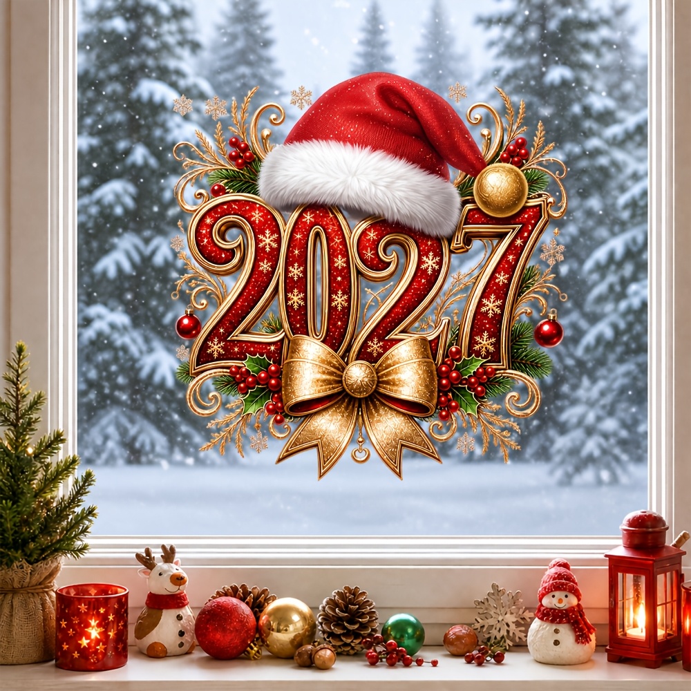 TEMU 1pc 2027 New Year Christmas Static Electrostatic Window Cling, Santa Hat With , , And Snowflake Applique, Reusable Pvc Glass Sticker For