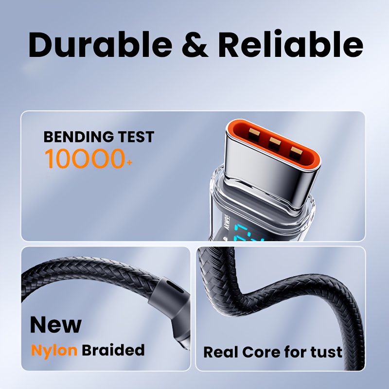 Ultra Durable 6A 120W MAX Fast Charging Cable with Real-Time Digital Display, USB A to USB C Charger Cord, Quick Charge Support for iPhone, Android, Samsung and More C Ports Devices.