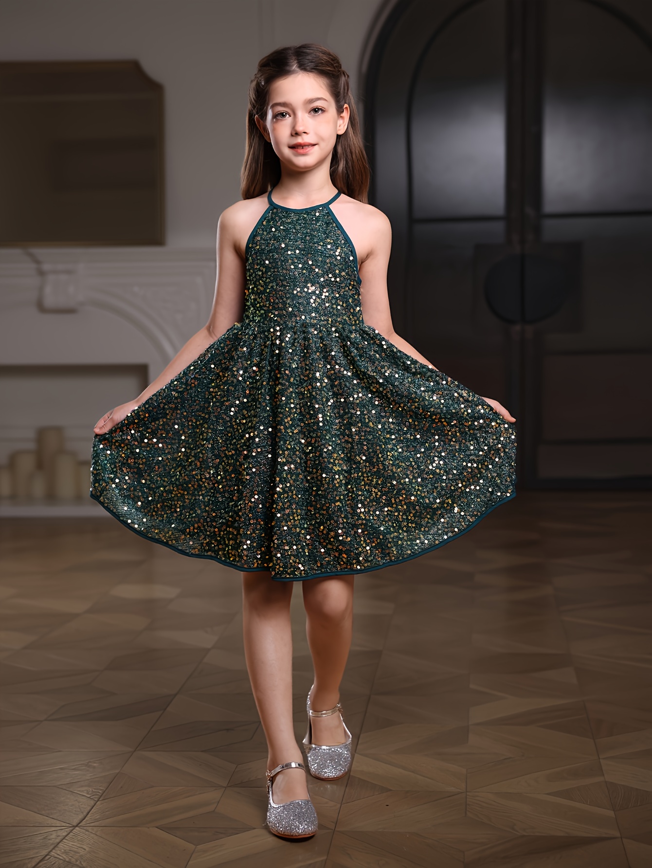 girls dark green dress shoulder design shiny - Temu Mauritius