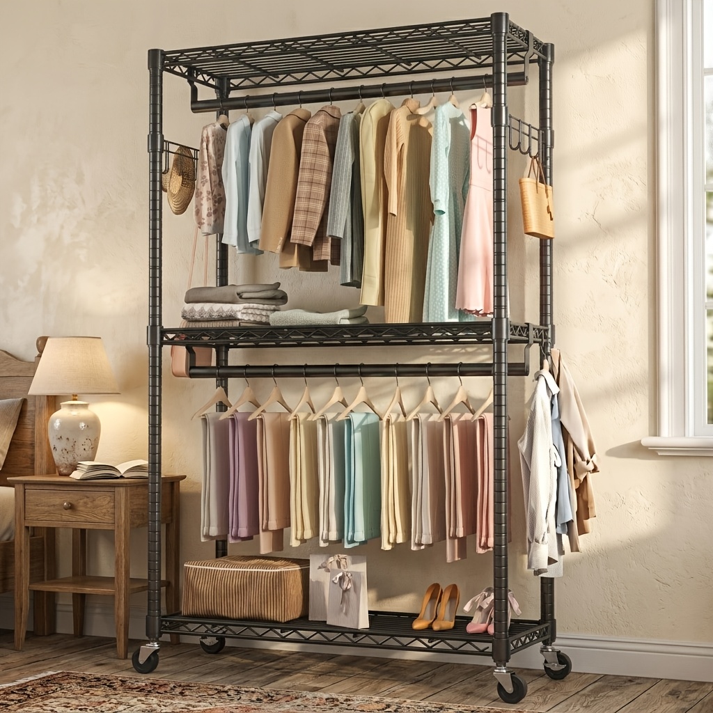 TEMU Heavy Duty Clothes Rack With Wheels, Adjustable Rolling Garment Rack, Double Rods And 2 Side Hooks, Metal Freestanding Closet Organizer For