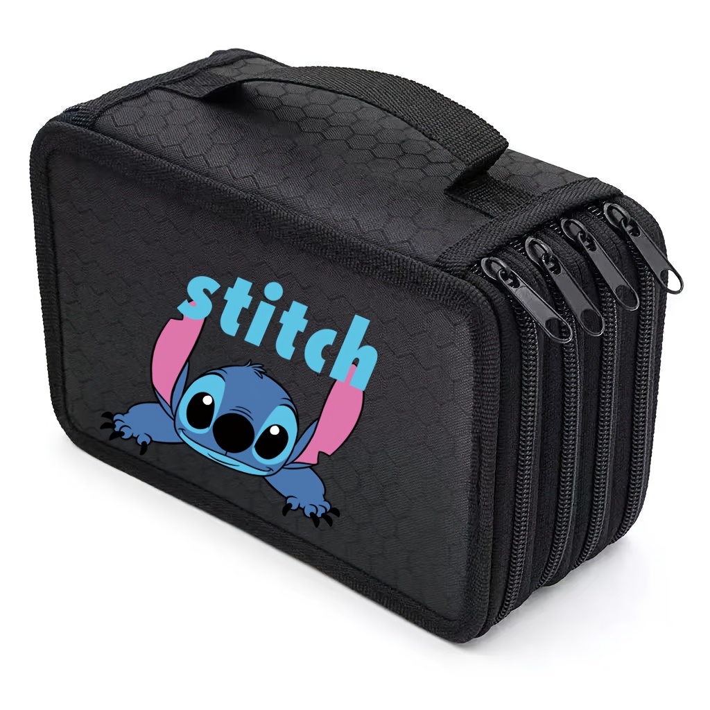 Image of Stitch The Dog Organizer Bag Features 4 Zippered Pockets And 72 Pen Slots, Perfect For Storing Colored Pencils, Markers, And Crayons. A Great Gift For Festive Occasions. A-bd01