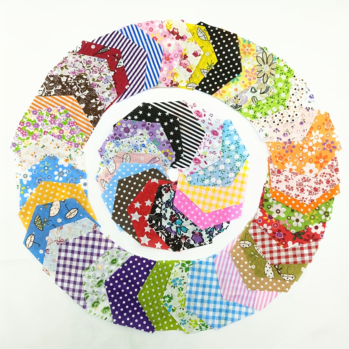 

50/100-piece Assorted Hexagon Cotton Patchwork Fabrics For Quilting And Crafting - Pre-cut Floral Designs, Ideal For Diy Projects