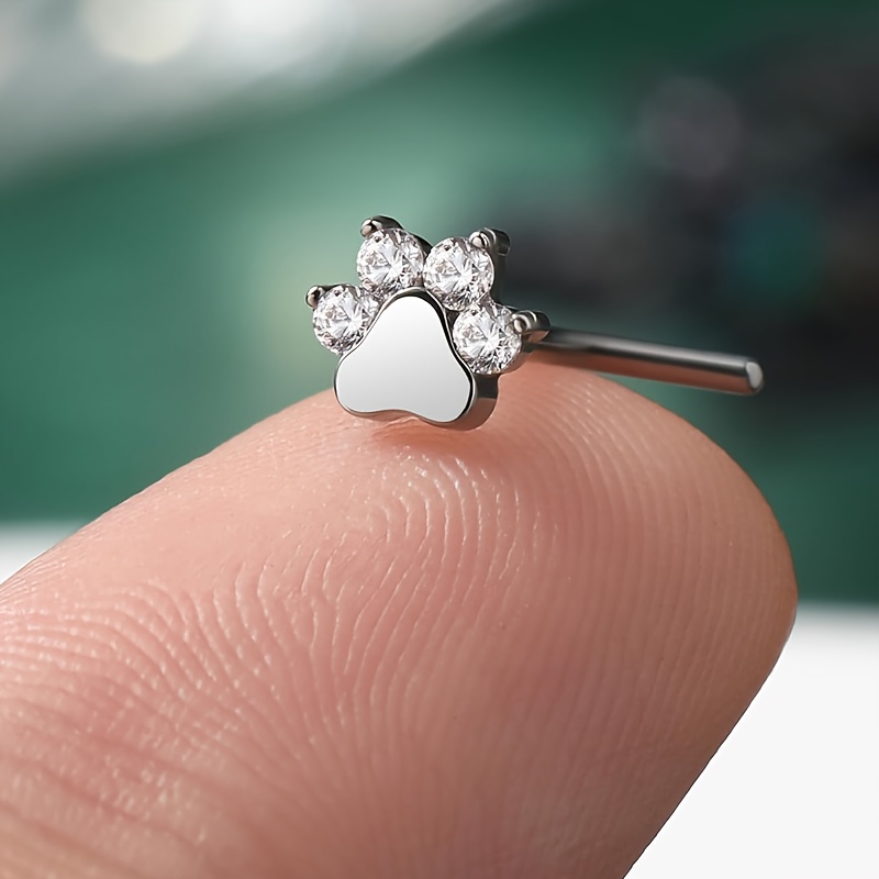 Image of An S925 Paw Print Design Nose Stud, Inlaid With Exquisite Synthetic Zirconia, Women's Fashion Nose Stud, Suitable For Daily Wear And Gift , Hypoallergenic, Silver Weight 0.26g