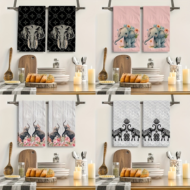 

2pcs Elephant Pattern Hand Towels For Kitchen Drying And Home Decoration - Colorful Geometry Theme Dish Towels Ideal For Farmhouse And Vacation Homes