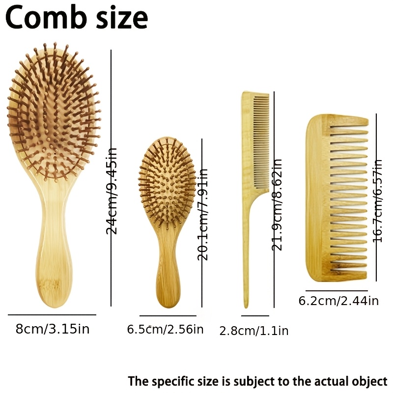 TEMU 4pcs Natural Bamboo Hair Brush Set, Air Cushion Massage Comb, Wide Tooth Comb And Paddle Brush For , Detangling And Styling Curly Straight Hair