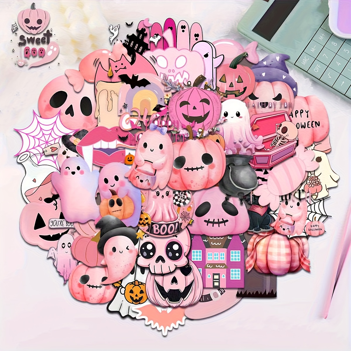 Image of Pack Of 50 Adorable Halloween Stickers, Kawaii Pink And Pumpkin Vinyl Decals For Your Laptop, Water Bottle, And