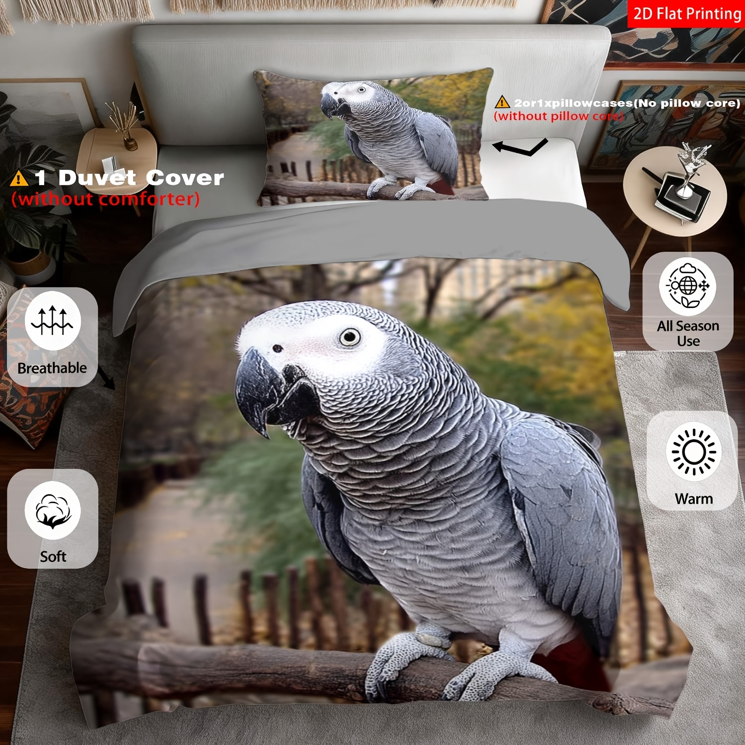 TEMU 2/3pcs 2d Flat Printing Parrot Theme Duvet Covers And Bedding Multiple Colors Realistic Bird Printed Patterns Suitable For Occasions(1 Duvet 1/2
